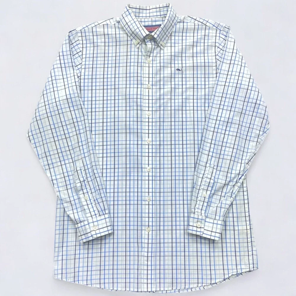 Vineyard Vines‎ Whale Shirt Men's XL (Fits Medium) Blue White Grid Button Down